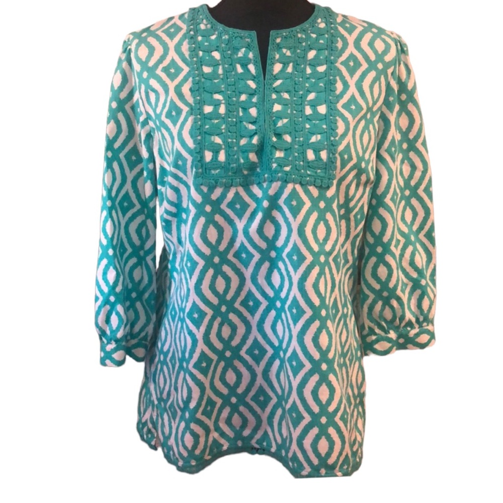 VINEYARD VINES SCRIBBLE LATTICE TUNIC TEAL GREEN WHITE SIZE SMALL